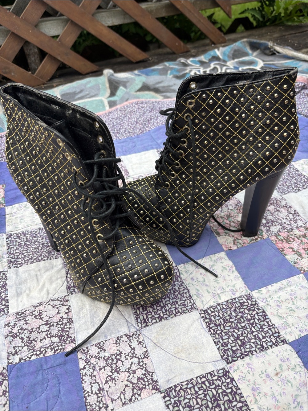 Charlotte Russe stiletto, gold, and black Studded High Heel Boots size 8